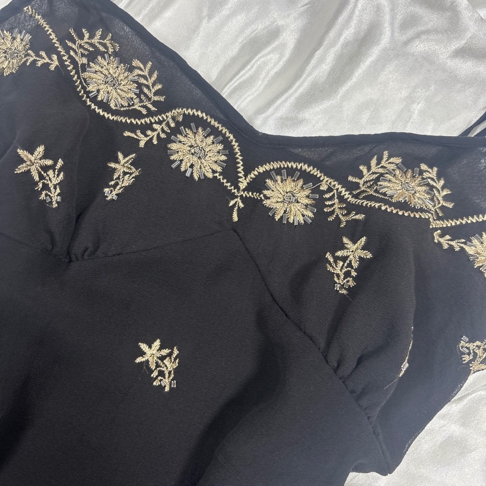 y2k Cami Top Black Excellent Willi Smith Silk Embroidered Beaded Floral Tank - Picture 4 of 7
